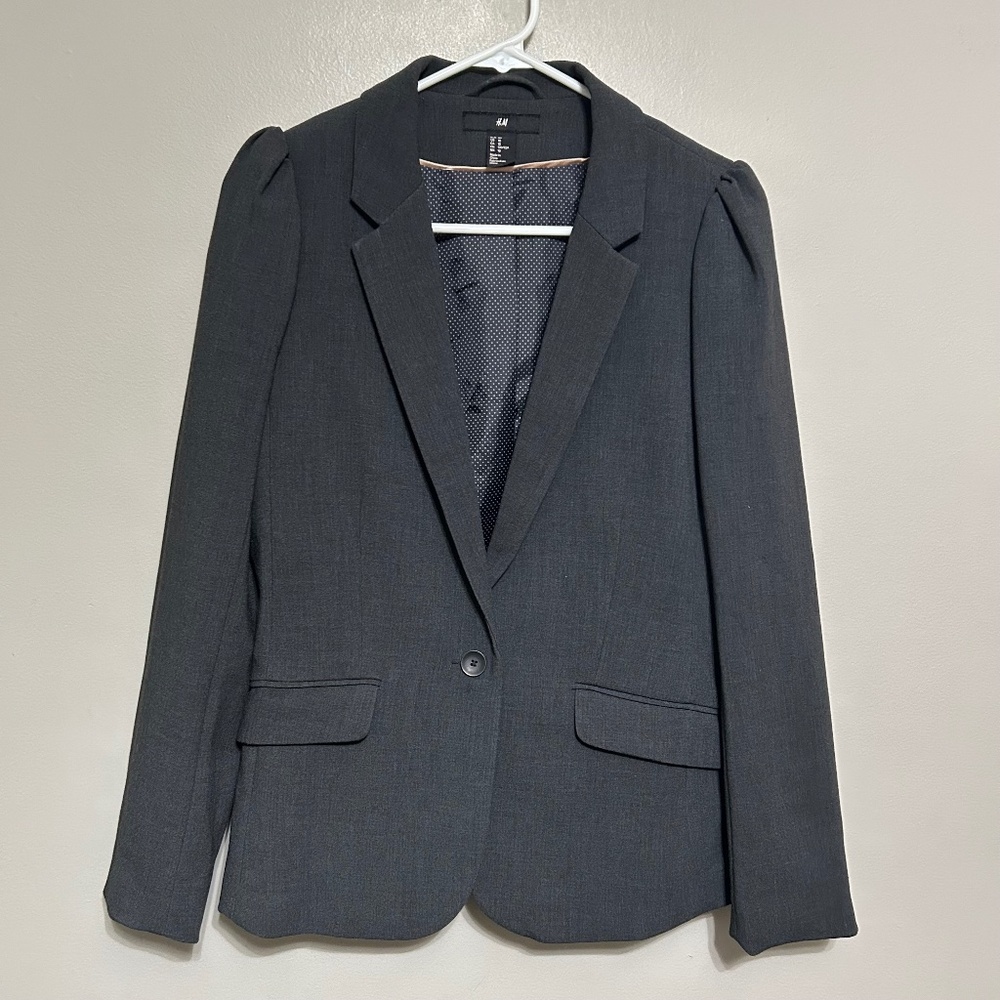 H&M Womens Blazer Gray Size 10 One Button Lined Shoulder Pads Puff Sleeve Jacket